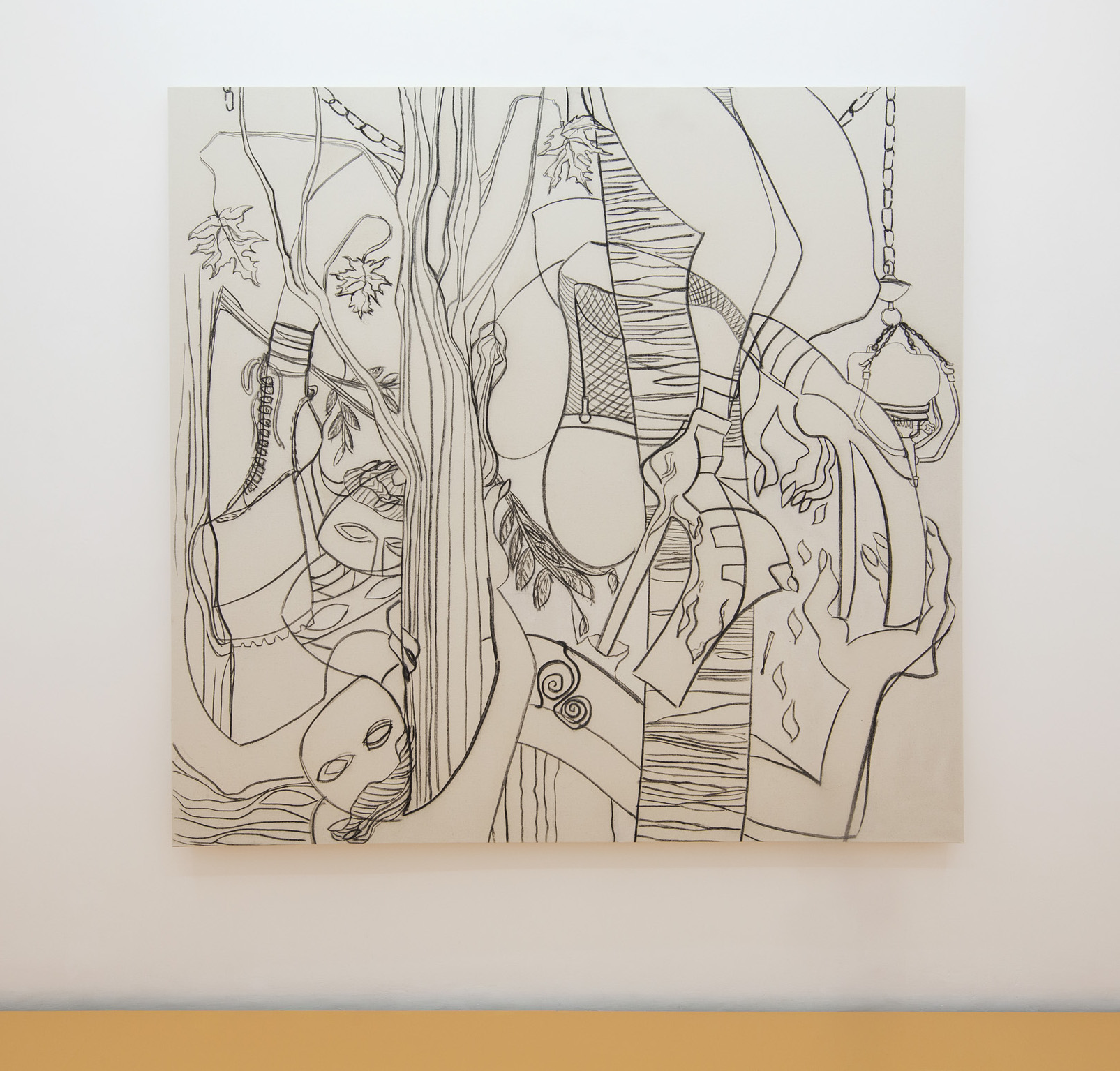 Chelsea Culprit, "Masked Chimeras With Antique Lamps In Modern Forests”, 2019, charcoal on canvas. Courtesy of Lulu