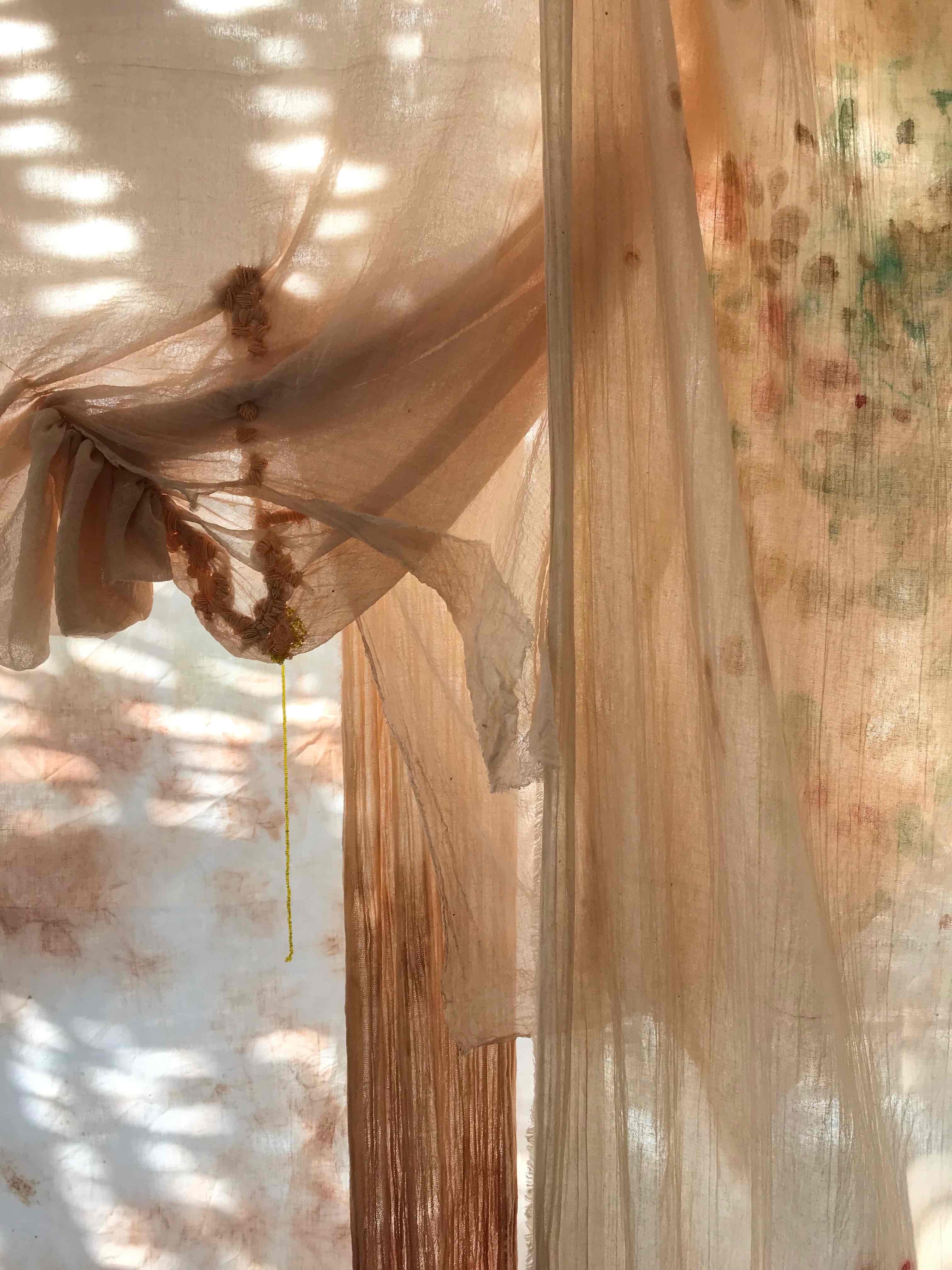 Sofía Fernández Díaz, installation detail made in Estancia Las Playitas Todos Santos. Natural dyes, shadows, embroidery and desert quartz, november 2019 (work in process). Photo: Sofía Fernández Díaz