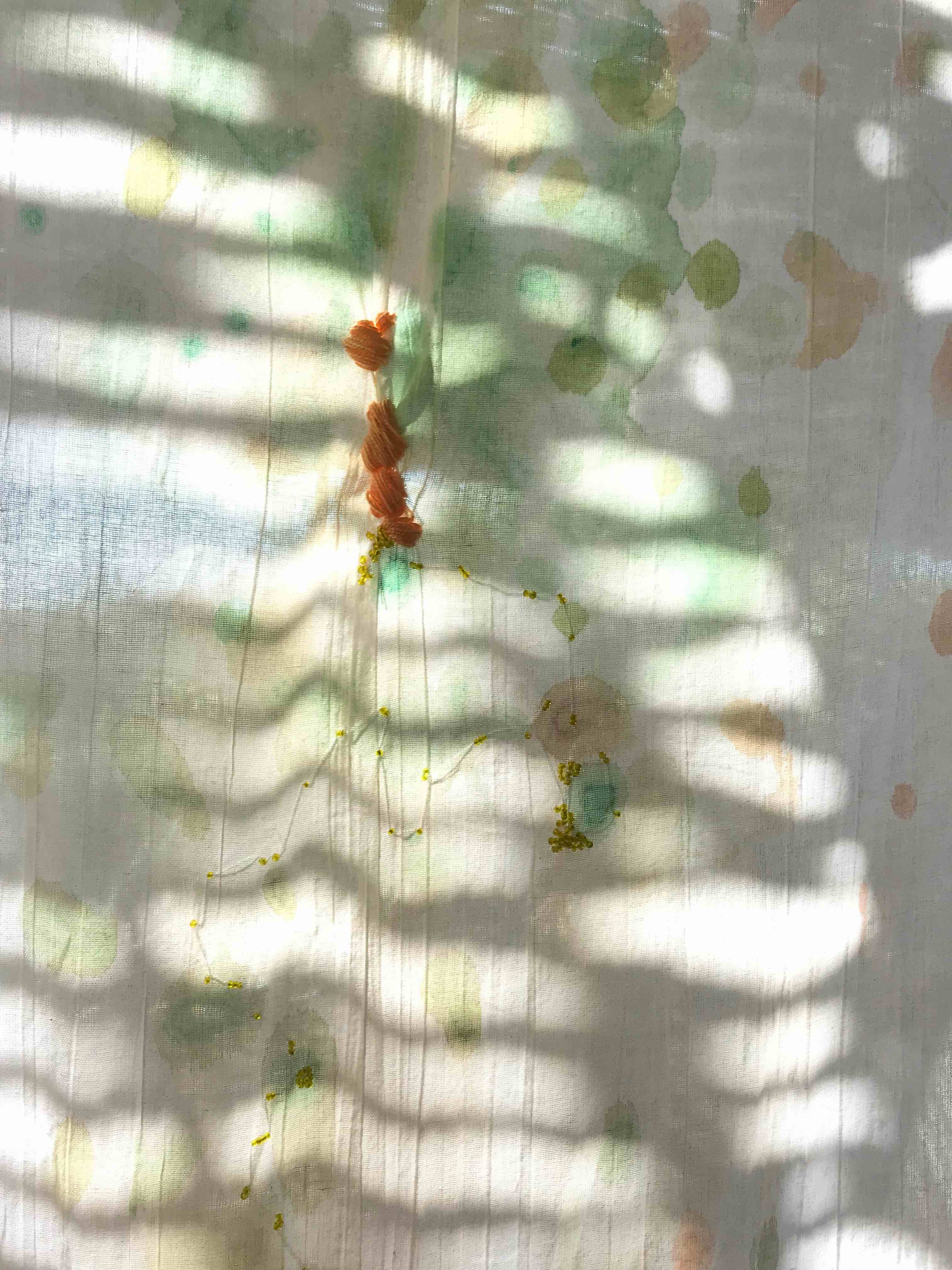 Sofía Fernández Díaz, installation detail made in Estancia Las Playitas Todos Santos. Natural dyes, shadows, embroidery and desert quartz, november 2019 (work in process). Photo: Sofía Fernández Díaz