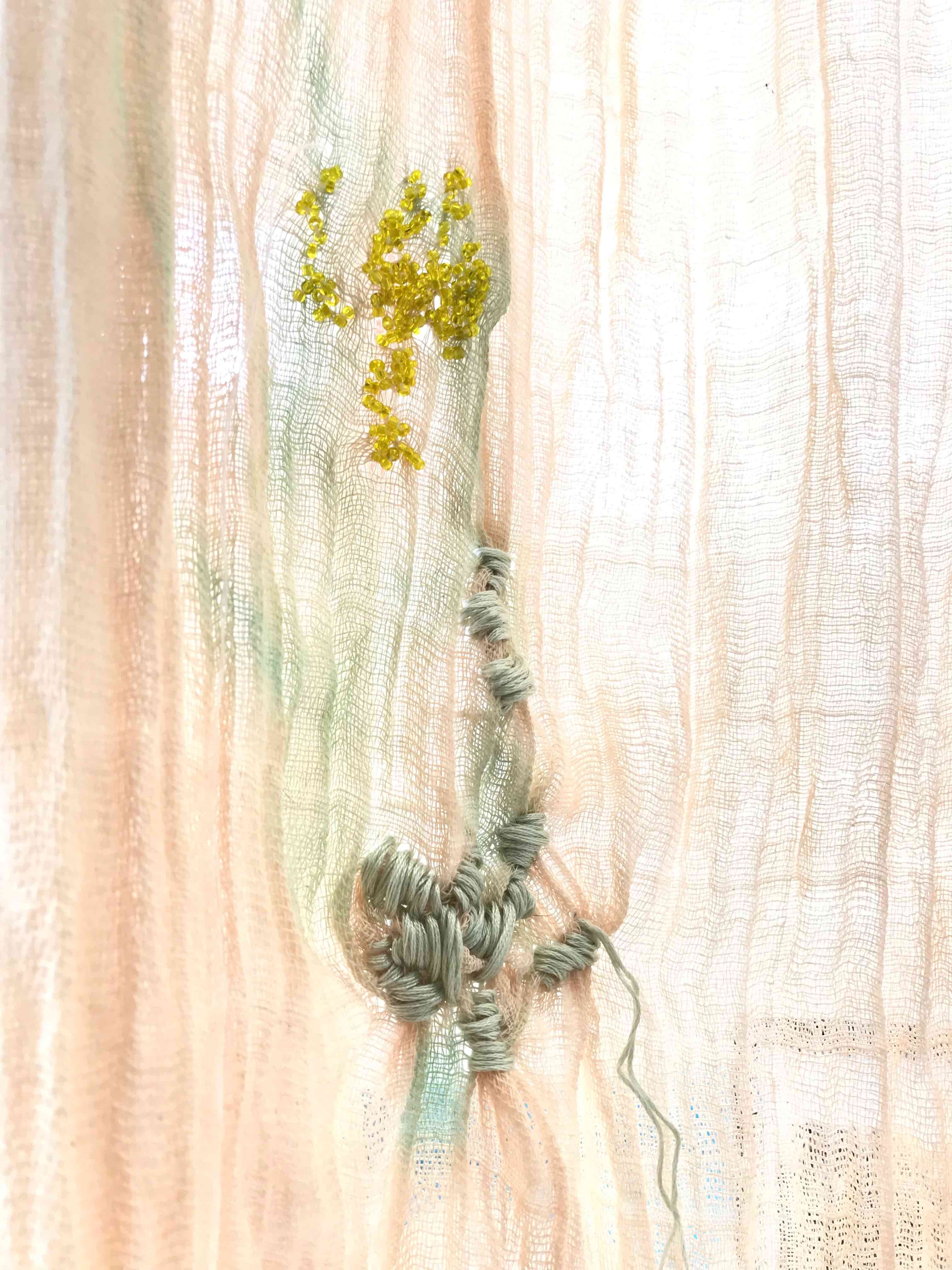 Sofía Fernández Díaz, installation detail made in Estancia Las Playitas Todos Santos. Natural dyes, shadows, embroidery and desert quartz, november 2019 (work in process). Photo: Sofía Fernández Díaz