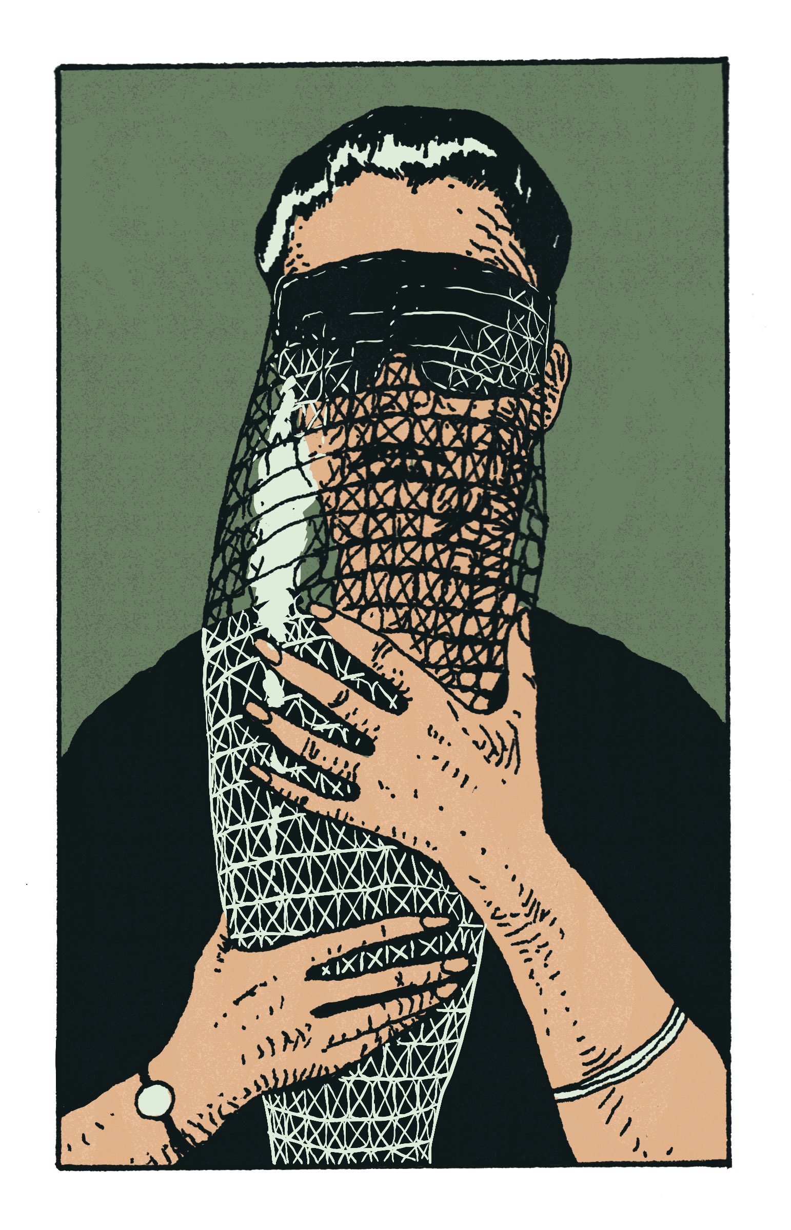 Ilustración de Santiago Moyao basada en una fotografía de Lygia Clark portando Máscara abismo com tapa-olhos, 1968