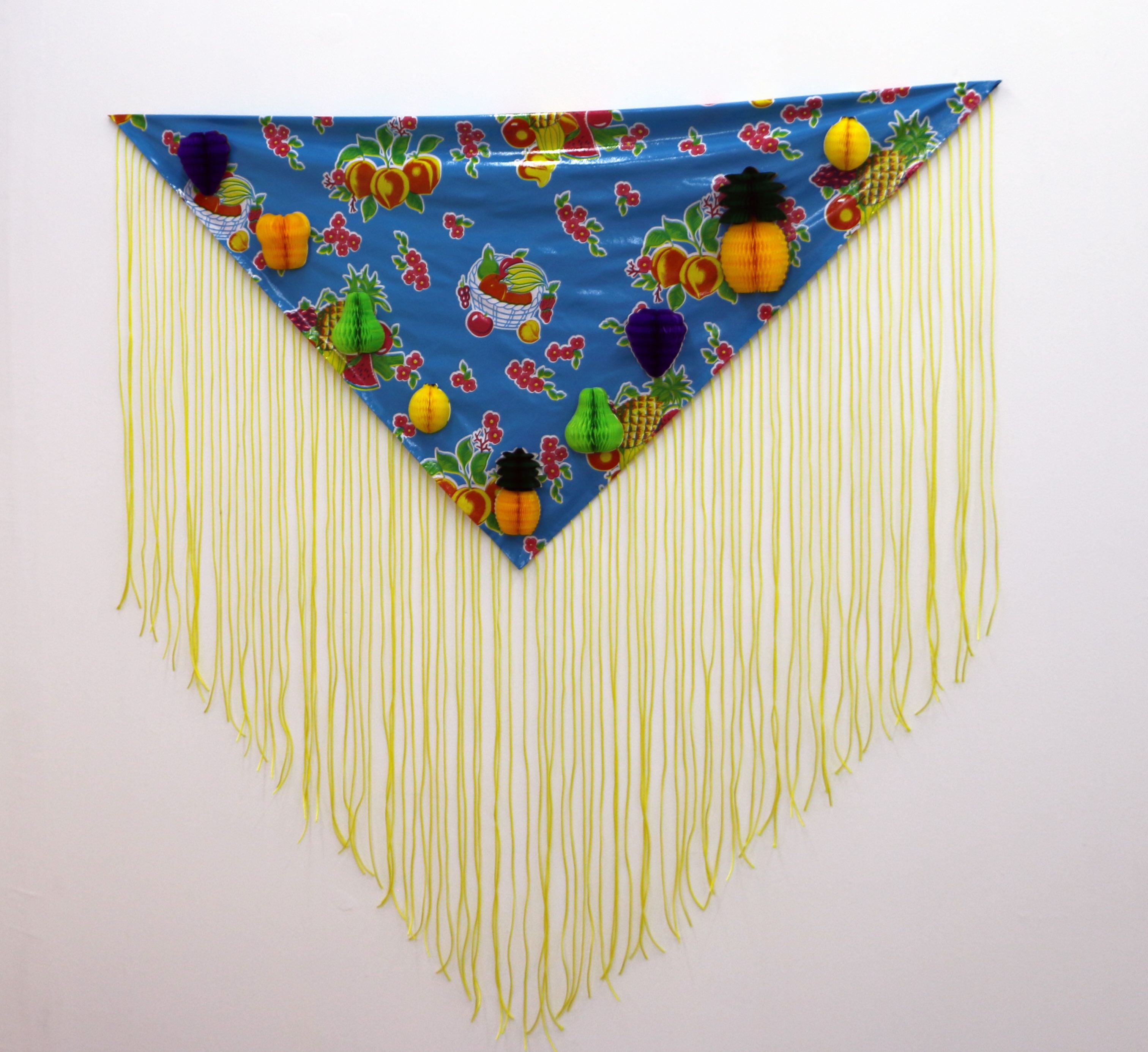 Carolina Magis Weinberg, Mantel de Manila, 2020, Plastic tablecloth made in China, China paper fruits made in Mexico, threads made in China