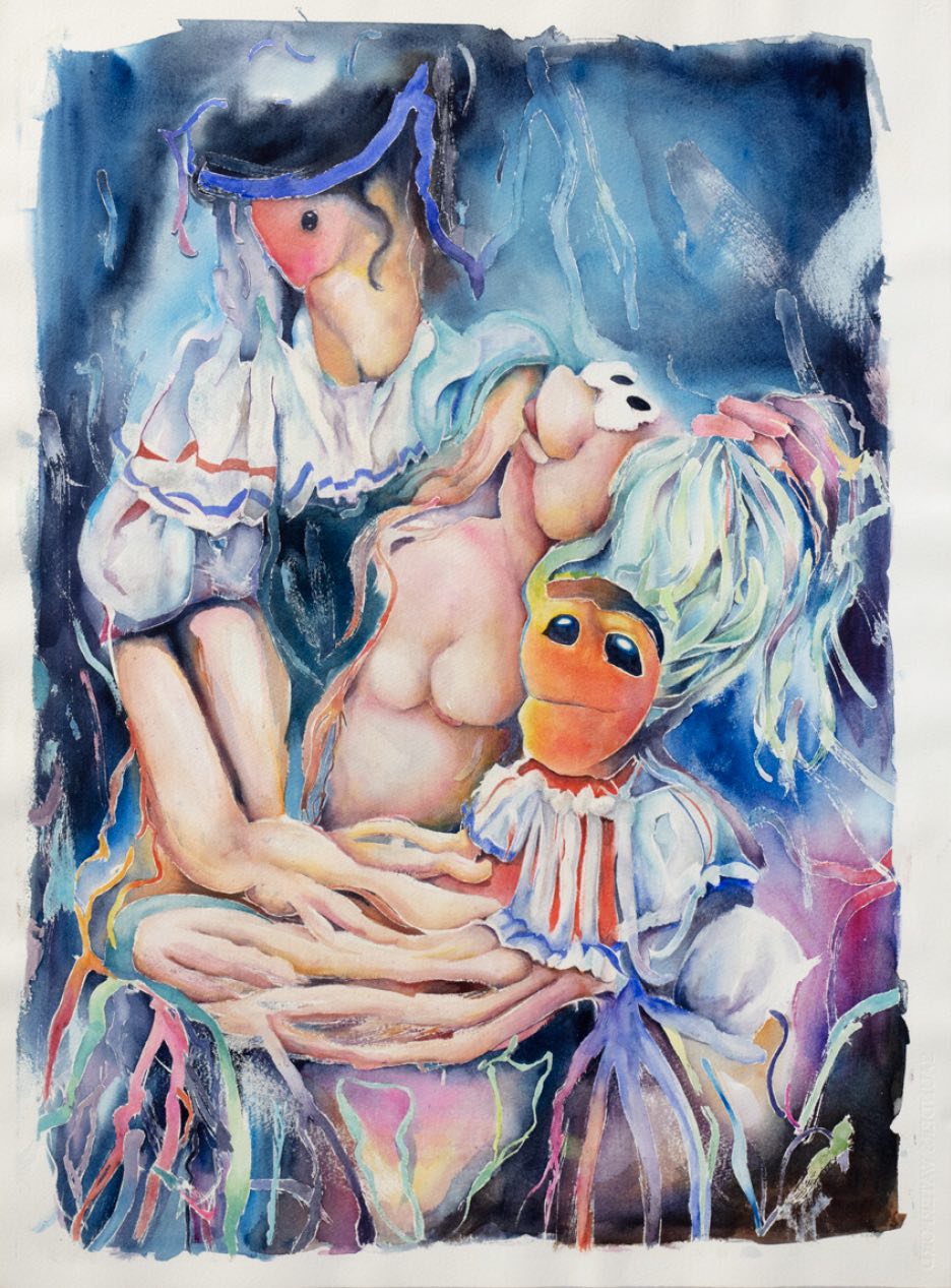 Beth Frey, baddie poo and the pom that got everything, 2022. Acuarela sobre papel, 56 x 76 cm. Cortesía de Beth Frey y Pamela Weissenberg.
