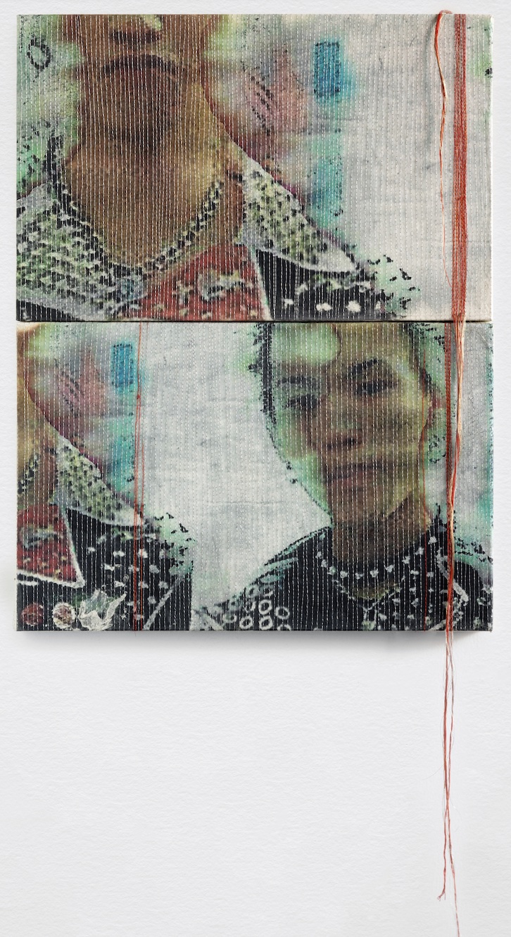 Carla Rippey, Shot of Aoki Shoichi, washed out, 1990s, Transfer on kozo-shi paper and momigami with stitching, mounted on wood frame with imprimatura. Courtesy of the artist and Arróniz
