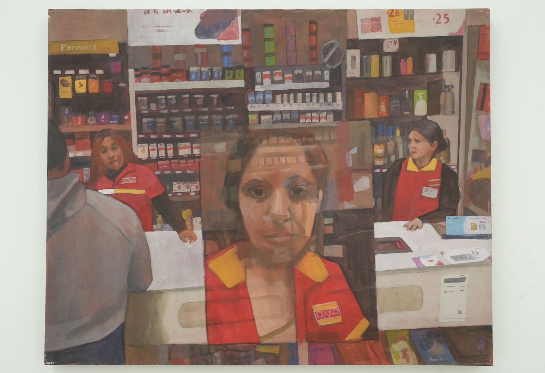 Ramona Rocha, En Oxxo siempre te tuercen el hocico, 2025, Acrílico sobre tela, 100 x 80 cm. Cortesía del artista y de Galería Enrique Guerrero