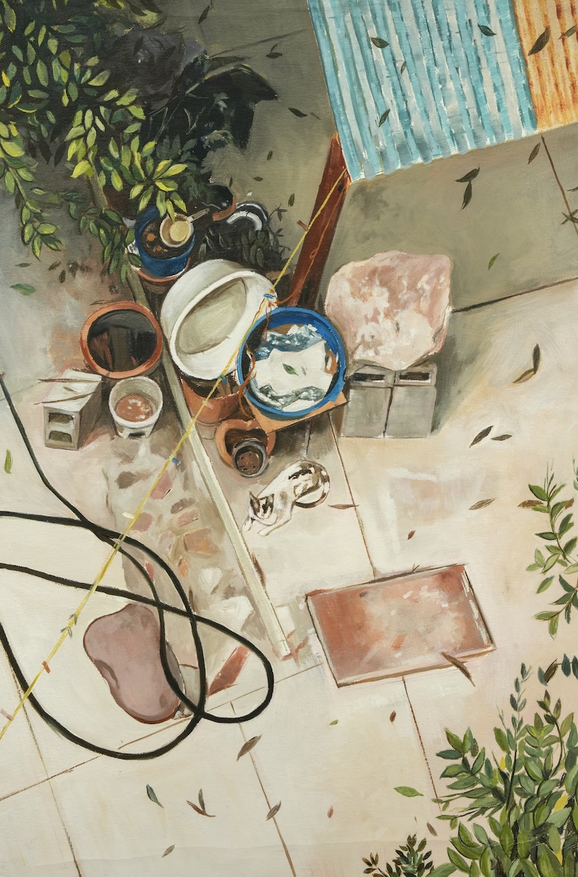 Jackelyn González, Soy un ancho patio, soy una memoria, 2025, Óleo sobre tela, 50 x 40 cm. Cortesía de la artista y Galería Enrique Guerrero