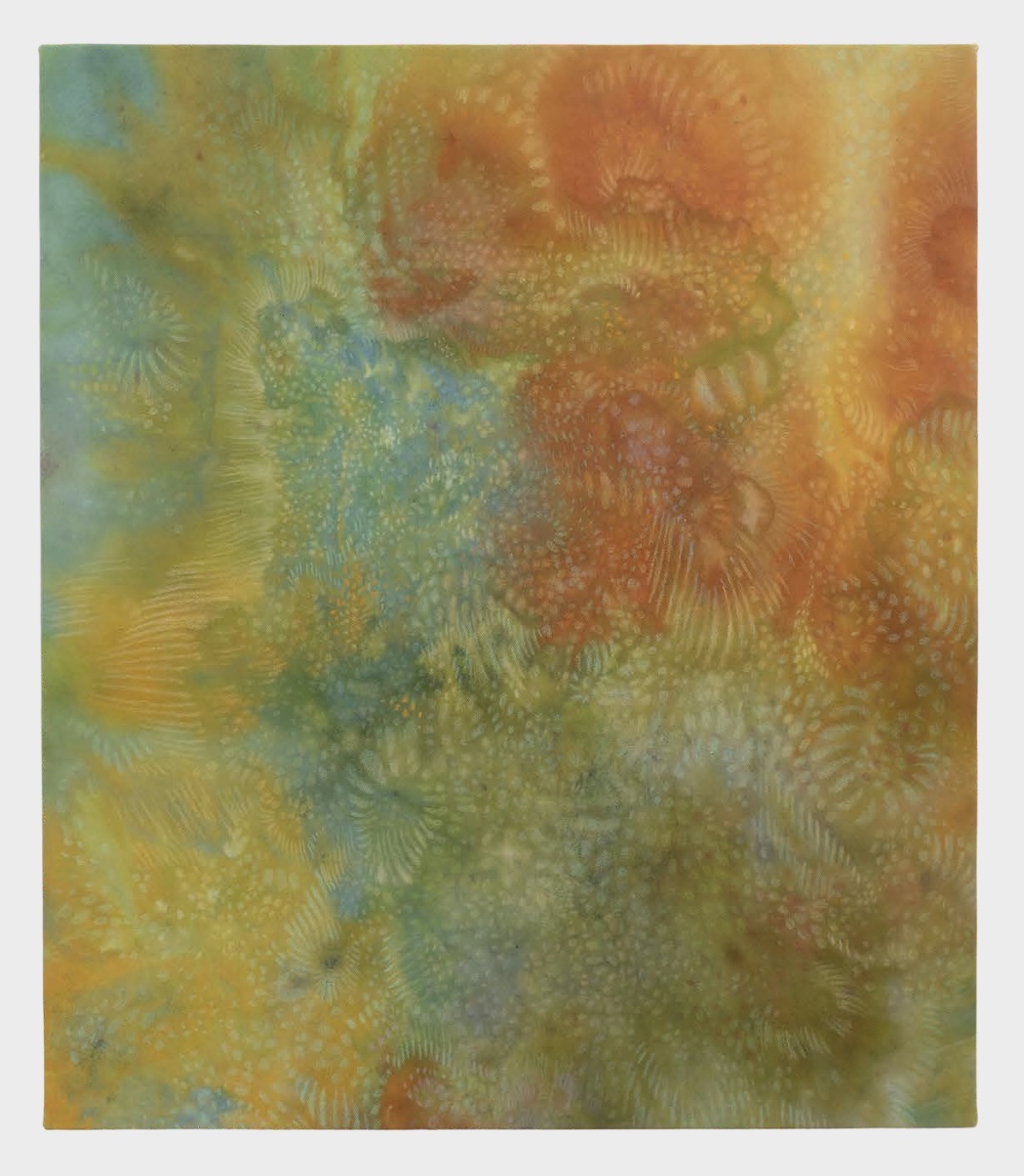 Isabella Russo Siqueira, Circuits of Renewal, 2025, Técnica mixta sobre tela cruda, 72 x 62 cm. Cortesía de la artista y de Ambar Quijano