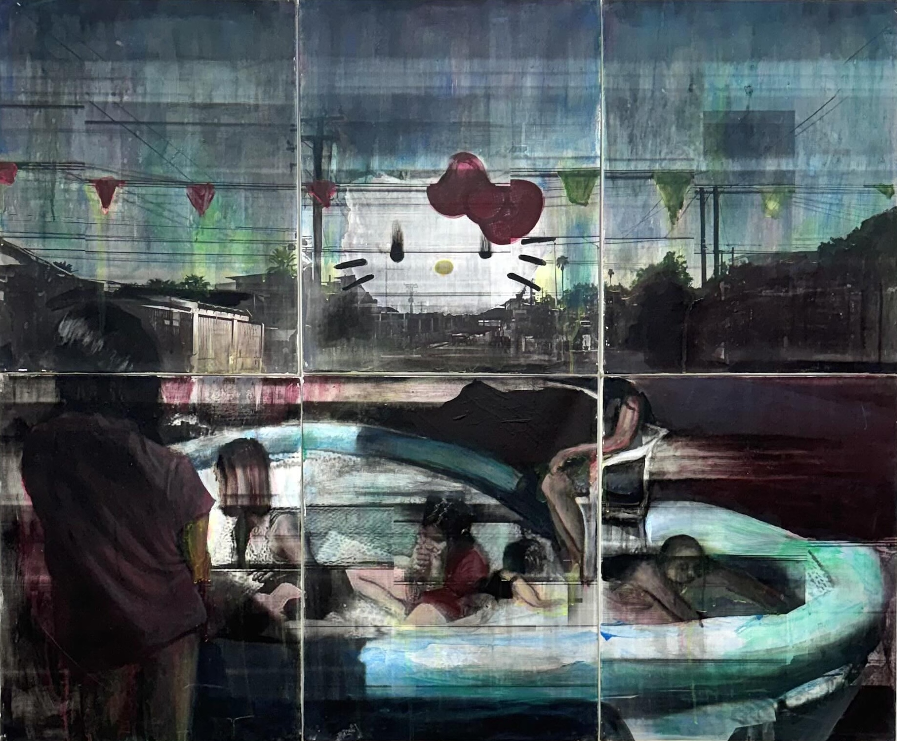 Obra de Annia Monroy, parte de la exposición "Planos planos: pinturas del folclor paranormal cachanilla" presentada por Arista 1701 y la MexiCali Biennial. Fotografía: Josephine Dorr