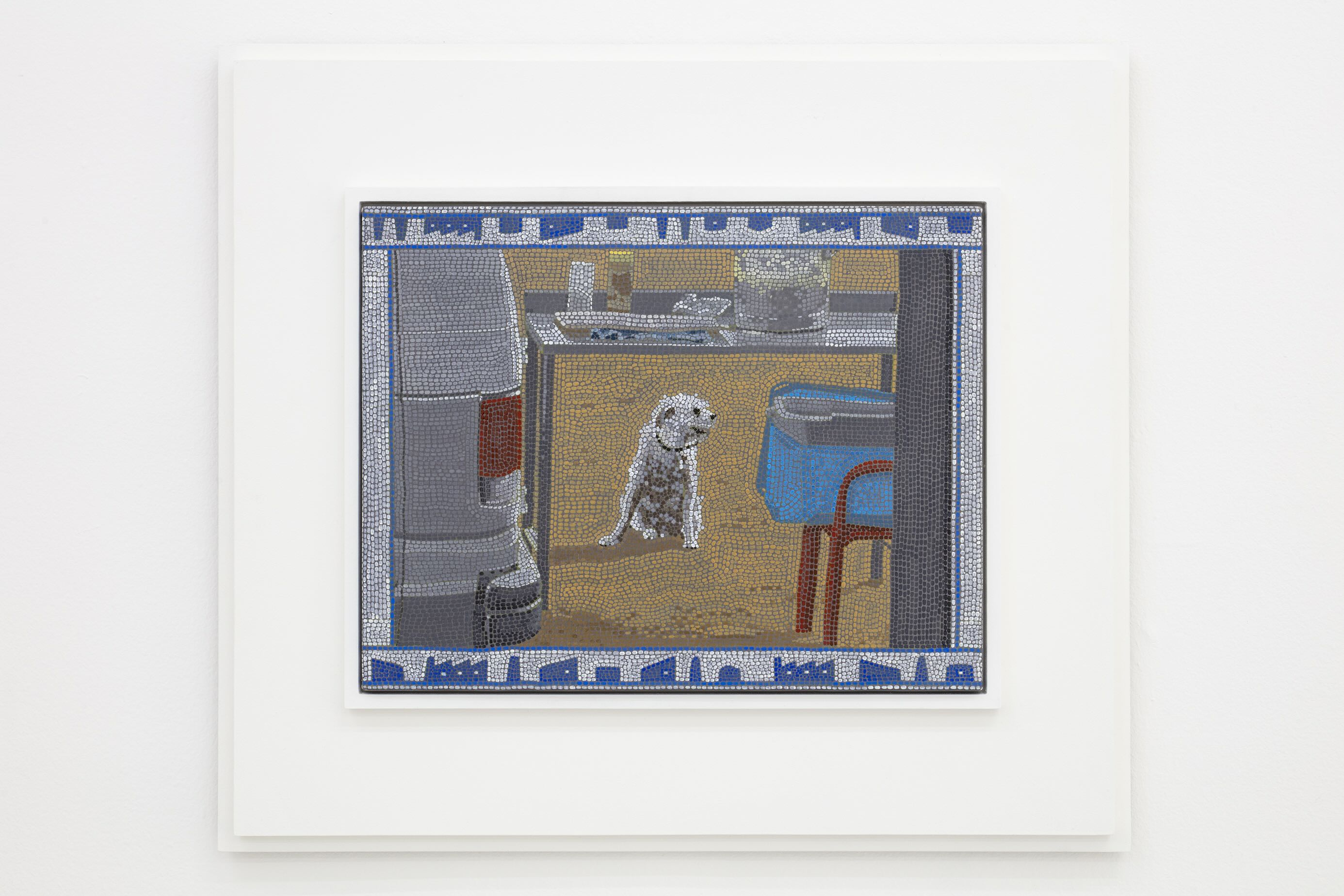 Christian Camacho, Reborn as dog/renacer perrito, 2025, óleo sobre lienzo, 60 x 68 cm (con marco). Cortesía Galería Karen Huber. Fotografía: Ramiro Chaves